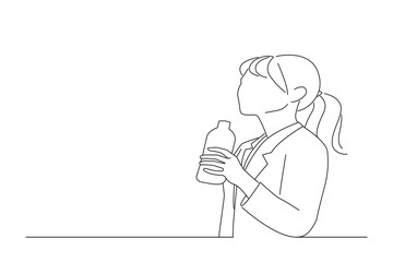 Cartoon of young asian woman drinking a bottle of water hydration. Oneline art drawing style