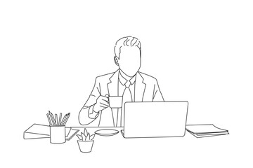 Cartoon of businessman manager sipping coffee on his desk in a radiant manner. Line art style