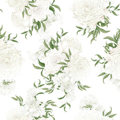 Seamless pattern of white rose flowers
