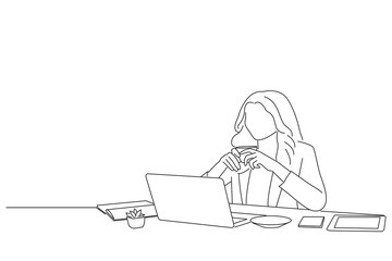 Cartoon of woman chilling out, drinking coffee, watching online tutorials at work place. Oneline art drawing style