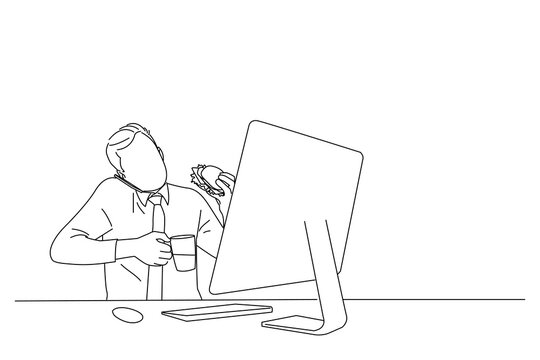 recommend clip art: Cartoon of busy man at the office having coffee and burger. Line art style