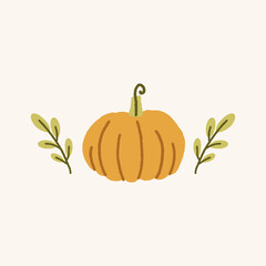 Cute autumn illustration, pumpkin with branches composition. Fall season elements. Vector art.