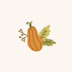 Pumpkin illustration, autumn composition with berries and leaves. Harvest, thanksgiving card. Cute fall elements. Vector design. 