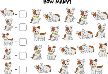 Counting game with cute dogs. Math worksheet.