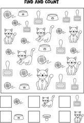 Counting game with cute cat accessories. Black and white worksheet.