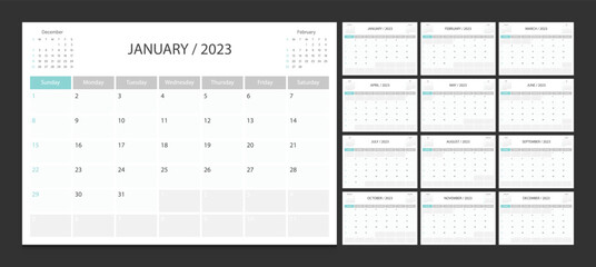 Calendar 2023 week start Sunday corporate design planner template.