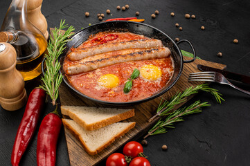 Grilled sausages with tomato sauce and eggs in pan on wooden background