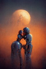 couple of robots  in the night, romantic love, digital illustration, concept