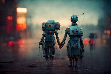 Fototapeta premium a couple of romantic robots in the city, digital painting, concept illustration