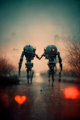Fototapeta premium romantic robots in the night, digital painting, concept illustration