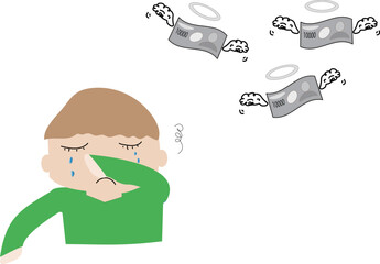 飛んでいくお札と男性のイラスト