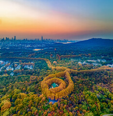 Aerial photography of Meiling Palace Scenic Spot in Nanjing City, Jiangsu Province, China in autumn and the Nanjing urban building complex in the distance