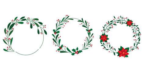 Set of Christmas Wreath. Green leaves, Berries and　poinsettia flowers decoration round frame collection. Vector illustartion.