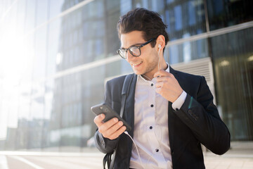 The phone rings a man manager employee in a financial company, goes to the office in a business suit building a career