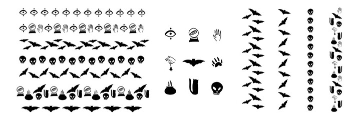 Halloween designs borders and divider set. Clipart spooky elements skull, bat flock, cat, Flat vector illustration
