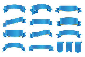 Set of Blue Color Ribbons and Tags isolated on white background. 3D Vector Illustration.
