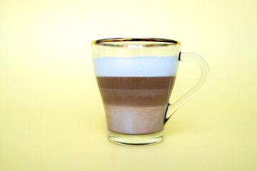 cup of coffee with milk foam on yellow background