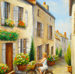 A girl on a bicycle with flowers rides through a beautiful French village illustration. Art for print on poster, card, canvas, cover, banner.