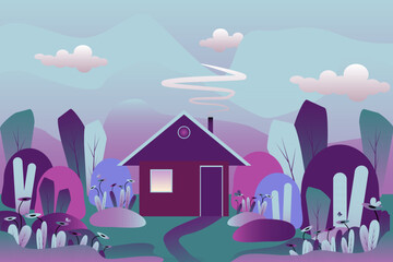 Beautiful landscape with a rustic house, abstract minimalistic illustration. Beautiful country house with garden and forest. Cartoon vector illustrations. Design for web design development.