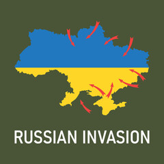 Obraz premium 2022 Russian invasion of Ukraine. Map of Ukraine in blue and yellow colors of Ukrainian flag and red arrows of Russian attacks from different directions on khaki background. Vector illustration.