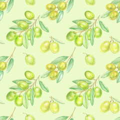 Watercolor seamless olive pattern on light green background.Good for textile,fabrics and much more.