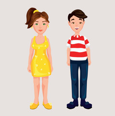 Vector illustration of a boy and a girl standing next to each other. Everyday life and summer season concept. The background is flat white.