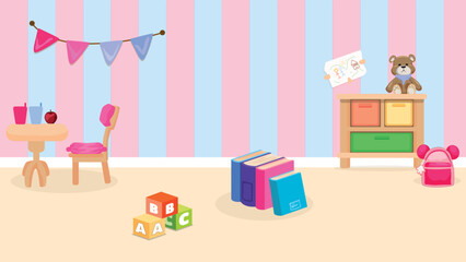 A view of a children's playroom with colorful content. Life with children, education and development, educational game production concepts. blank room.