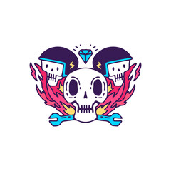 Cool biker skulls on fire element, illustration for t-shirt, sticker, or apparel merchandise. With doodle, retro style.