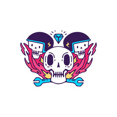 Cool biker skulls on fire element, illustration for t-shirt, sticker, or apparel merchandise. With doodle, retro style.
