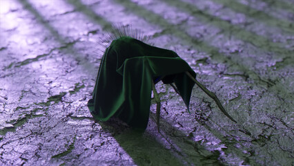 The concept of disguise. A black karakurt in clothes walks on dry ground. Black green mantle. Insect. 3d illustration