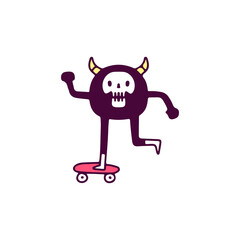 Skull monster riding skateboard, illustration for t-shirt, sticker, or apparel merchandise. With doodle, retro, and cartoon style.