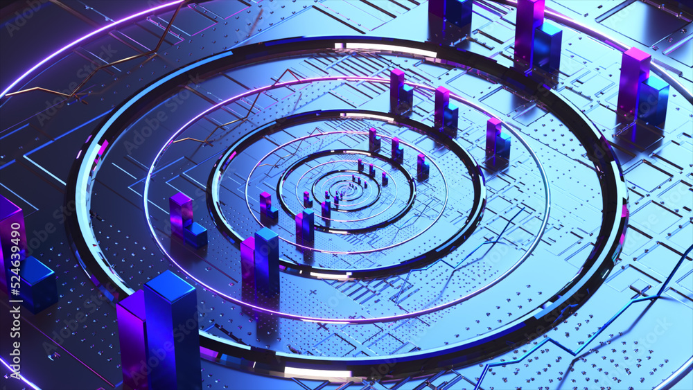 Poster abstract concept. metallic circles on a blue neon surface. microchip. data transfer. rectangles. 3d 