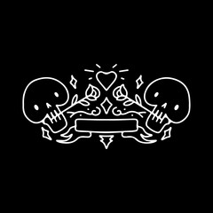 Vintage skulls biting roses with heart element, illustration for t-shirt, sticker, or apparel merchandise. With line art and cartoon style.