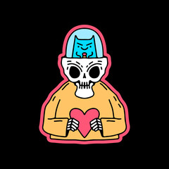 Funny cat and skull character holding love symbol, illustration for t-shirt, sticker, or apparel merchandise. With doodle, retro, and cartoon style.