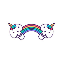 Kawaii unicorn skull with rainbow, illustration for t-shirt, sticker, or apparel merchandise. With doodle, pop art style.