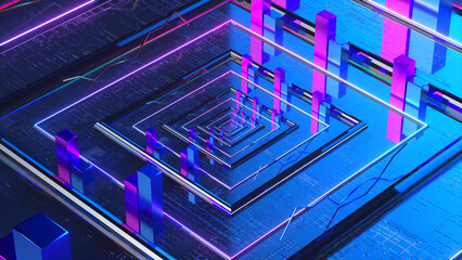 Data transfer concept. Neon blue smooth square panels. Pink blue rectangular objects. 3d illustration
