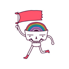 Funny skull with rainbow inside the head holding flag, illustration for t-shirt, sticker, or apparel merchandise. With doodle, retro, and cartoon style.