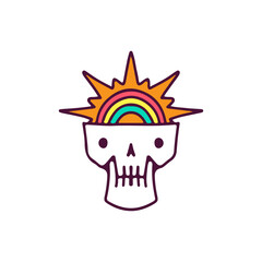 Cute skull head with rainbow and sun, illustration for t-shirt, sticker, or apparel merchandise. With doodle, retro, and cartoon style.