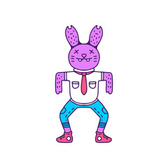 Trendy pink rabbit character with funny gesture, illustration for t-shirt, sticker, or apparel merchandise. With doodle, retro, and cartoon style.