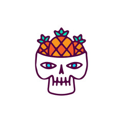 Cute bucket skull head with pineapples, illustration for t-shirt, sticker, or apparel merchandise. With doodle, retro, and cartoon style.