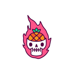 Cute burning skull head with pineapple, illustration for t-shirt, sticker, or apparel merchandise. With doodle, retro, and cartoon style.