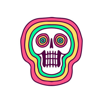 Trendy skull with psychedelic rainbow, illustration for t-shirt, sticker, or apparel merchandise. With doodle, retro, and cartoon style.