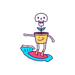 Funny flower skull surfing, illustration for t-shirt, sticker, or apparel merchandise. With doodle, retro, and cartoon style.