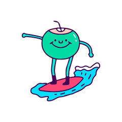 Cool coconut mascot surfing, illustration for t-shirt, sticker, or apparel merchandise. With doodle, retro, and cartoon style.