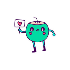 Kawaii coconut mascot holding love symbol, illustration for t-shirt, sticker, or apparel merchandise. With doodle, retro, and cartoon style.