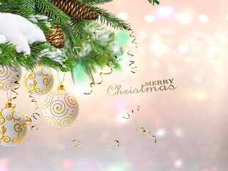 Christmas greetings tree and white ball festive  snowy blurred with gold star confetti background copy space template banner