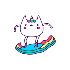 Kawaii cat unicorn surfing on rainbow, illustration for t-shirt, sticker, or apparel merchandise. With doodle, retro, and cartoon style.