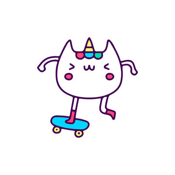 Kawaii unicorn cat playing skateboard, illustration for t-shirt, sticker, or apparel merchandise. With doodle, retro, and cartoon style.