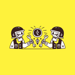 Vintage rider skulls wearing helmet and holding wrench, illustration for t-shirt, sticker, or apparel merchandise. With doodle cartoon style.