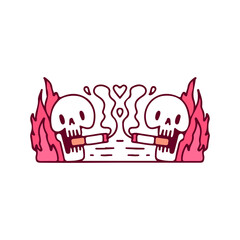Burning skulls smoking cigarette, illustration for t-shirt, sticker, or apparel merchandise. With doodle, retro, and cartoon style.